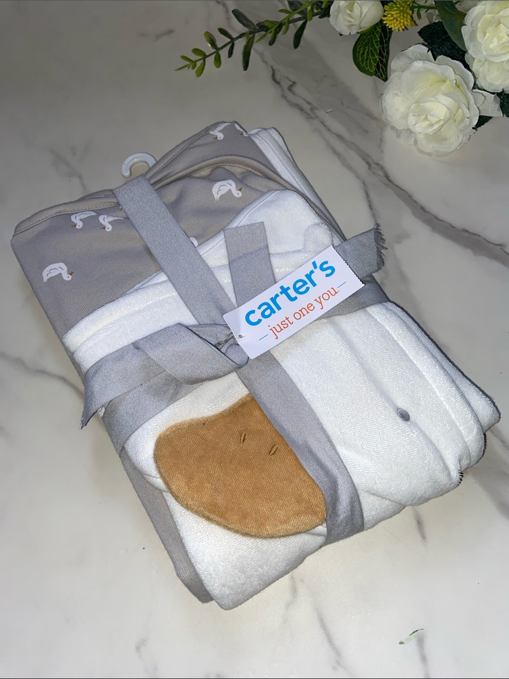 Carter's White and Gray Hooded Baby Towel Set Duck Themed